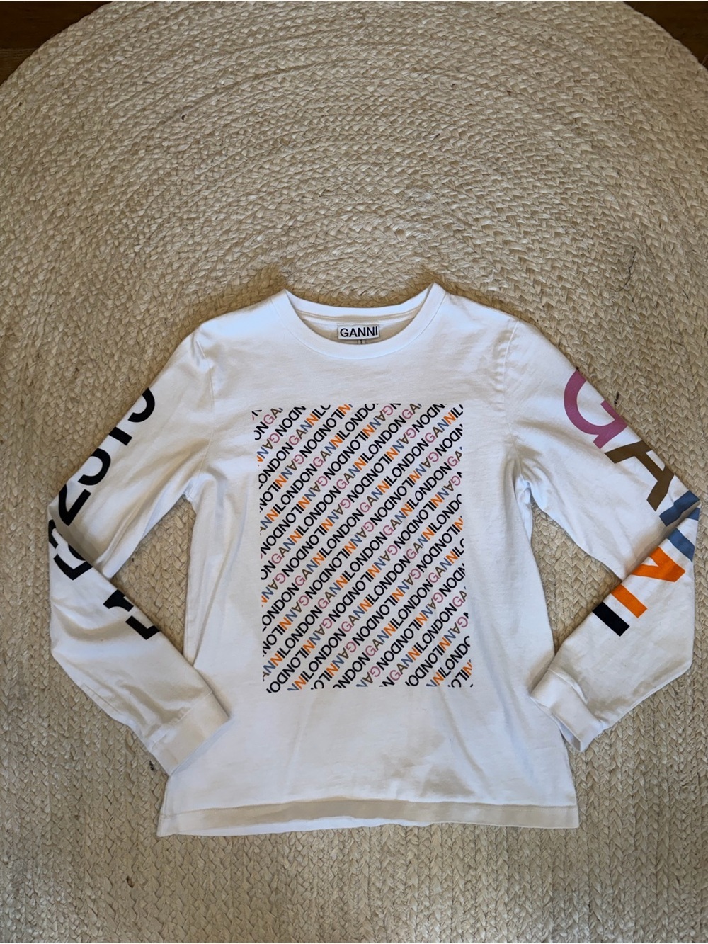 Ganni White Long-Sleeve Logo Graphic Tee with Multicolor Accents